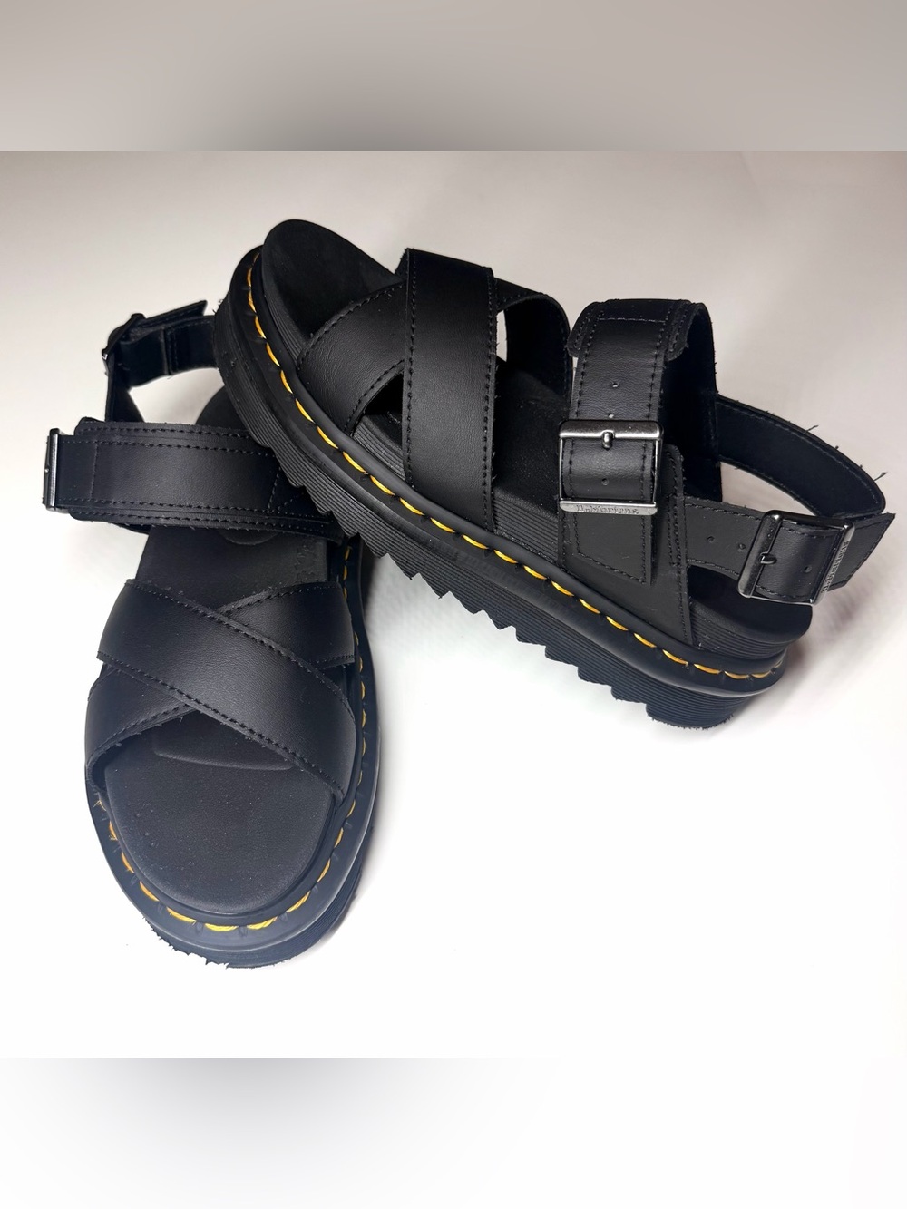 Dr. Martens Black Leather Platform Sandals with Yellow Stitching